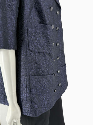 Chanel Silk Jacquard Coat Size 50 Blue Grey Double Breasted France CC Buttons