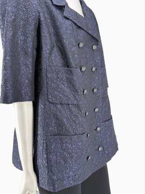 Chanel Silk Jacquard Coat Size 50 Blue Grey Double Breasted France CC Buttons