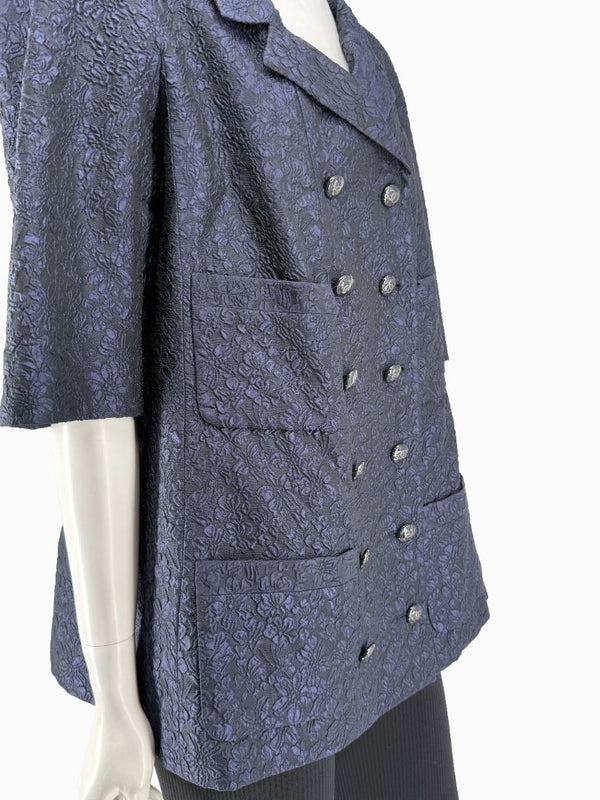 Chanel Silk Jacquard Coat Size 50 Blue Grey Double Breasted France CC Buttons