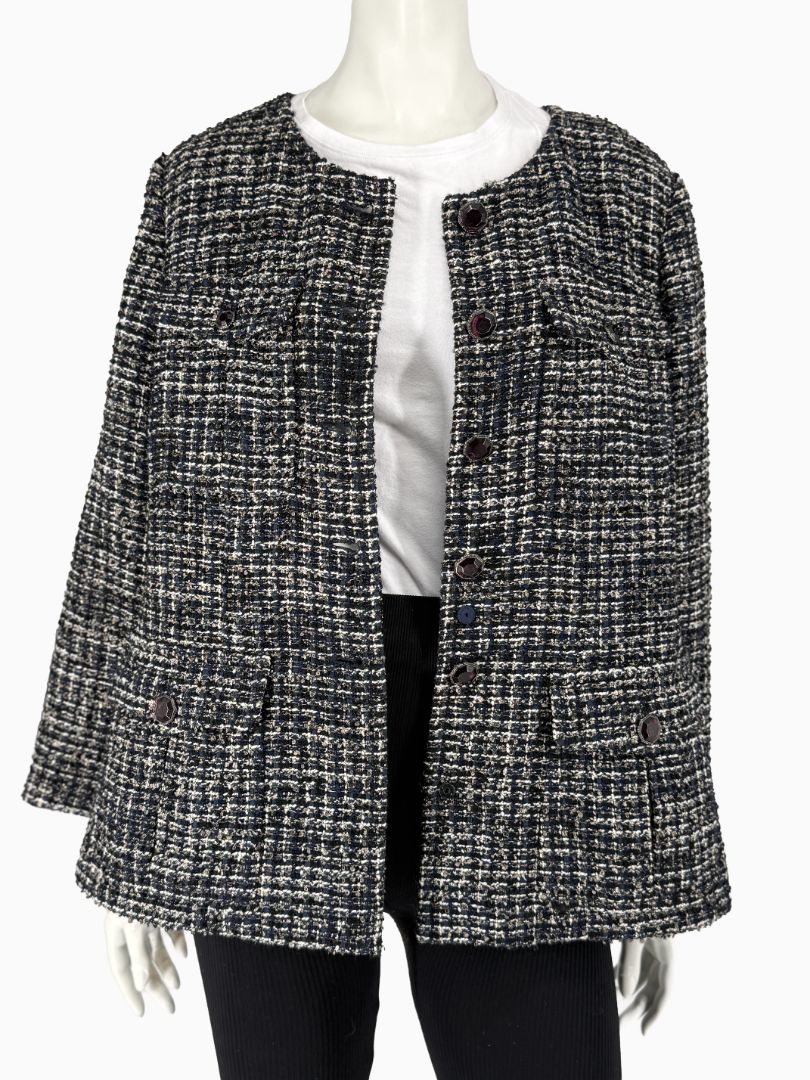 Chanel Tweed Jacket Coat Size 48 Navy Black Wool Silk Lined Jewel Buttons