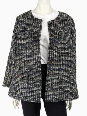 Chanel Tweed Jacket Coat Size 48 Navy Black Wool Silk Lined Jewel Buttons