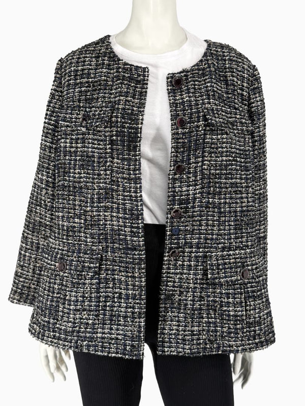 Chanel Tweed Jacket Coat Size 48 Navy Black Wool Silk Lined Jewel Buttons