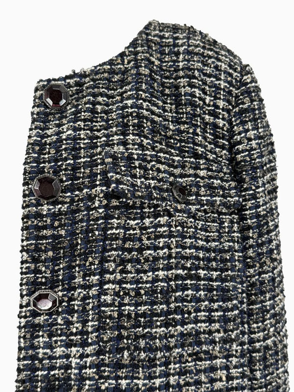 Chanel Tweed Jacket Coat Size 48 Navy Black Wool Silk Lined Jewel Buttons