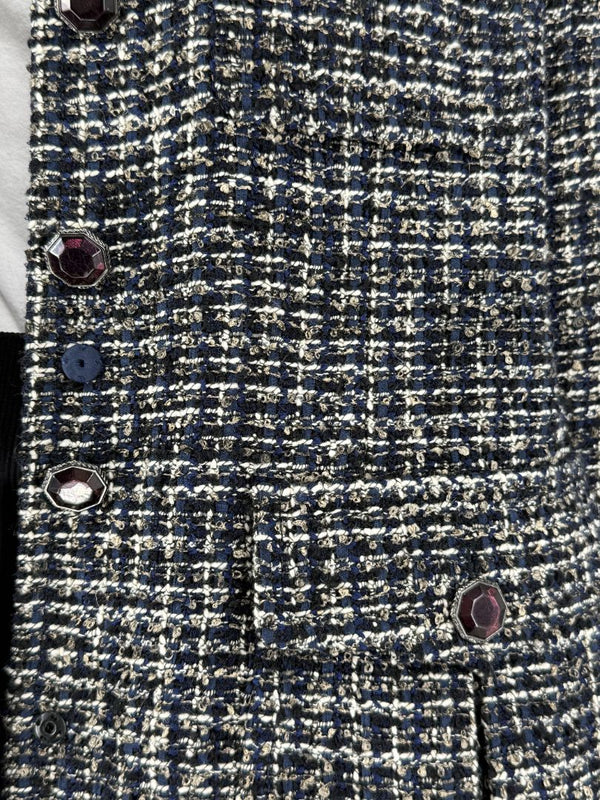 Chanel Tweed Jacket Coat Size 48 Navy Black Wool Silk Lined Jewel Buttons