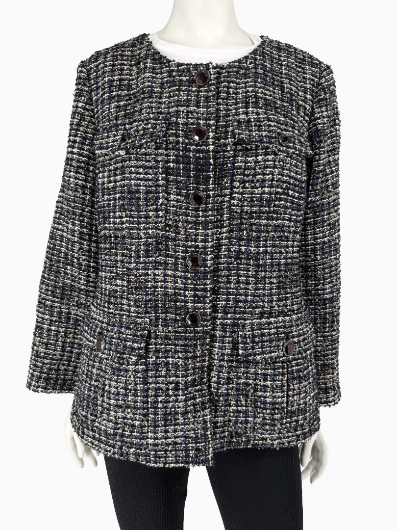 Chanel Tweed Jacket Coat Size 48 Navy Black Wool Silk Lined Jewel Buttons