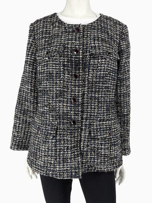 Chanel Tweed Jacket Coat Size 48 Navy Black Wool Silk Lined Jewel Buttons