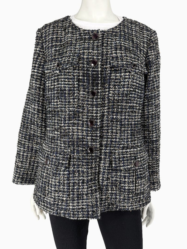 Chanel Tweed Jacket Coat Size 48 Navy Black Wool Silk Lined Jewel Buttons