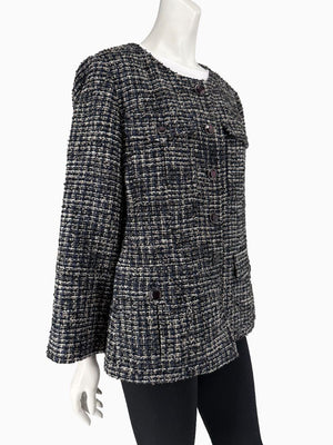 Chanel Tweed Jacket Coat Size 48 Navy Black Wool Silk Lined Jewel Buttons