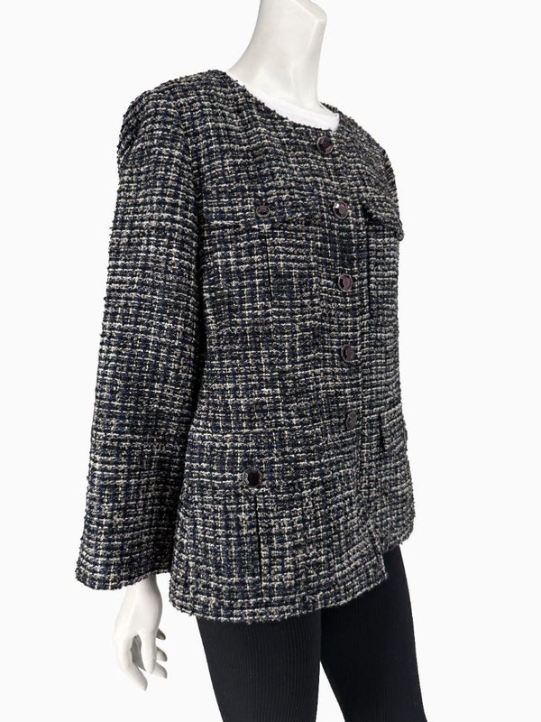 Chanel Tweed Jacket Coat Size 48 Navy Black Wool Silk Lined Jewel Buttons