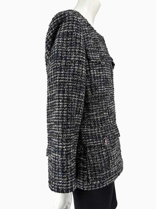 Chanel Tweed Jacket Coat Size 48 Navy Black Wool Silk Lined Jewel Buttons