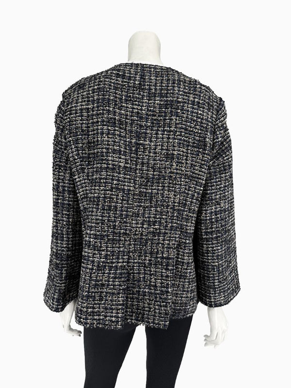 Chanel Tweed Jacket Coat Size 48 Navy Black Wool Silk Lined Jewel Buttons