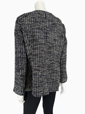 Chanel Tweed Jacket Coat Size 48 Navy Black Wool Silk Lined Jewel Buttons
