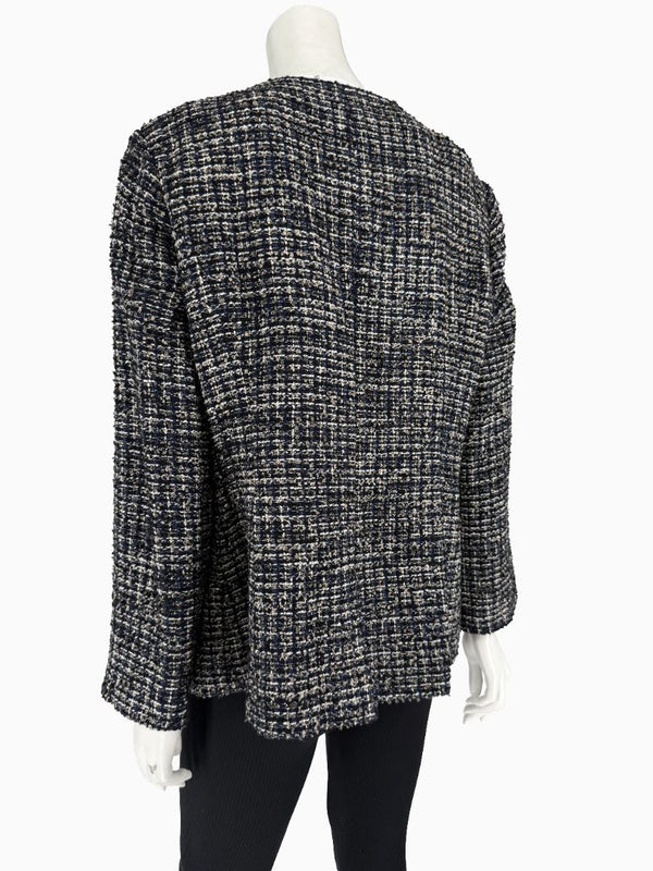 Chanel Tweed Jacket Coat Size 48 Navy Black Wool Silk Lined Jewel Buttons