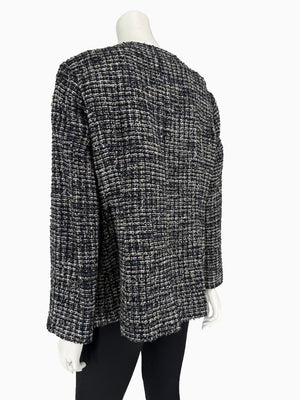 Chanel Tweed Jacket Coat Size 48 Navy Black Wool Silk Lined Jewel Buttons