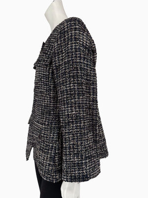 Chanel Tweed Jacket Coat Size 48 Navy Black Wool Silk Lined Jewel Buttons