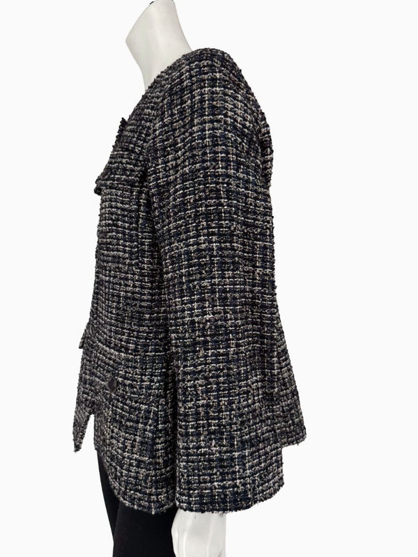 Chanel Tweed Jacket Coat Size 48 Navy Black Wool Silk Lined Jewel Buttons