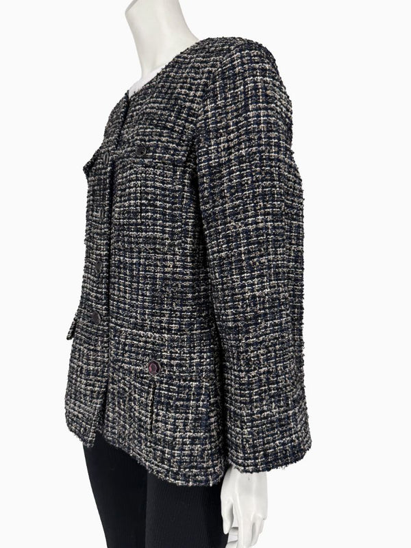 Chanel Tweed Jacket Coat Size 48 Navy Black Wool Silk Lined Jewel Buttons