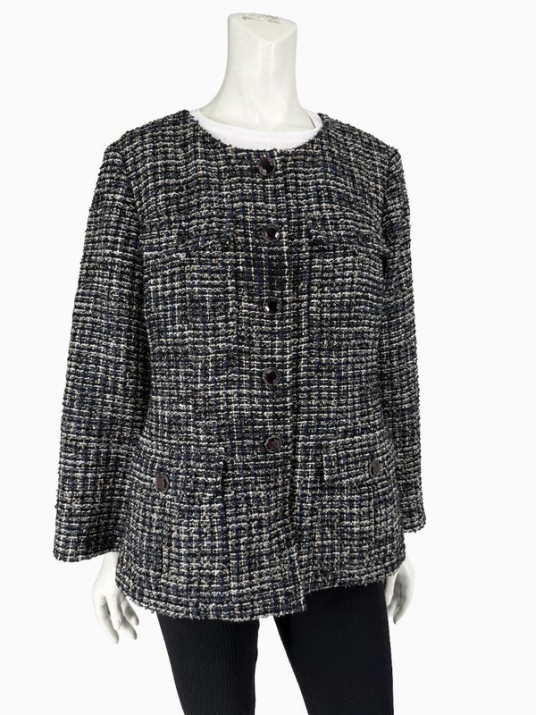 Chanel Tweed Jacket Coat Size 48 Navy Black Wool Silk Lined Jewel Buttons