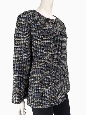 Chanel Tweed Jacket Coat Size 48 Navy Black Wool Silk Lined Jewel Buttons