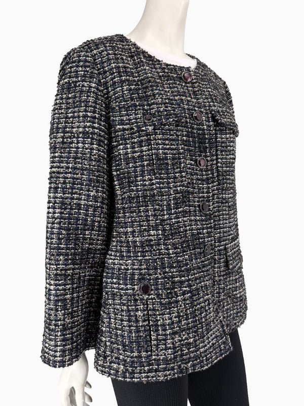 Chanel Tweed Jacket Coat Size 48 Navy Black Wool Silk Lined Jewel Buttons