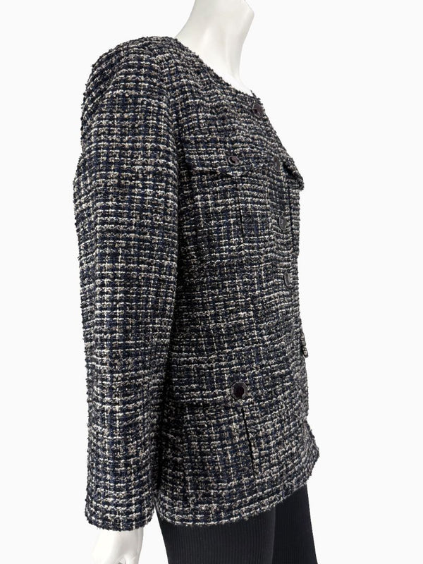Chanel Tweed Jacket Coat Size 48 Navy Black Wool Silk Lined Jewel Buttons