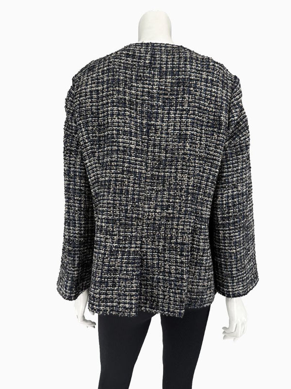 Chanel Tweed Jacket Coat Size 48 Navy Black Wool Silk Lined Jewel Buttons