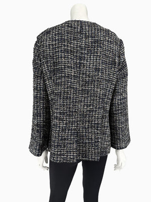 Chanel Tweed Jacket Coat Size 48 Navy Black Wool Silk Lined Jewel Buttons