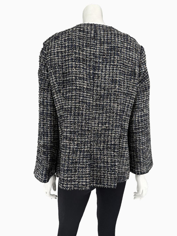 Chanel Tweed Jacket Coat Size 48 Navy Black Wool Silk Lined Jewel Buttons