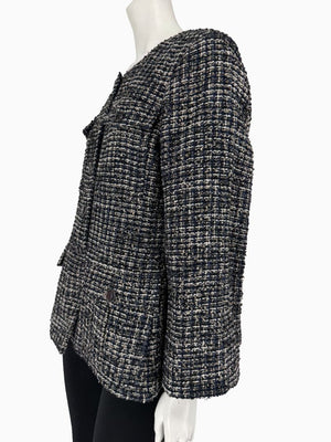 Chanel Tweed Jacket Coat Size 48 Navy Black Wool Silk Lined Jewel Buttons