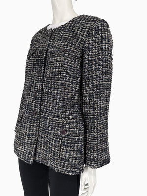 Chanel Tweed Jacket Coat Size 48 Navy Black Wool Silk Lined Jewel Buttons