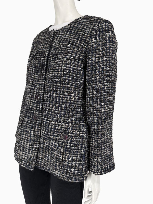 Chanel Tweed Jacket Coat Size 48 Navy Black Wool Silk Lined Jewel Buttons