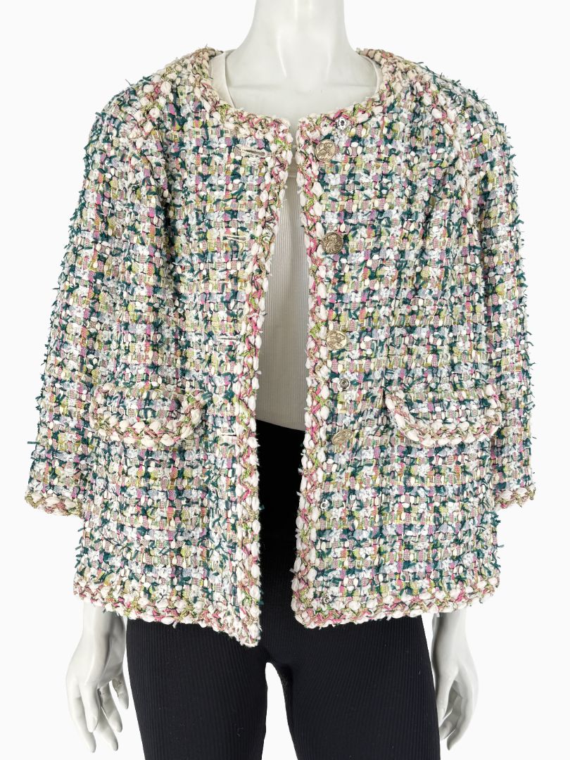 Chanel Fantasy Tweed Jacket Coat Size 50 Multicolor Silk Lined Owl Buttons