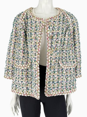 Chanel Fantasy Tweed Jacket Coat Size 50 Multicolor Silk Lined Owl Buttons