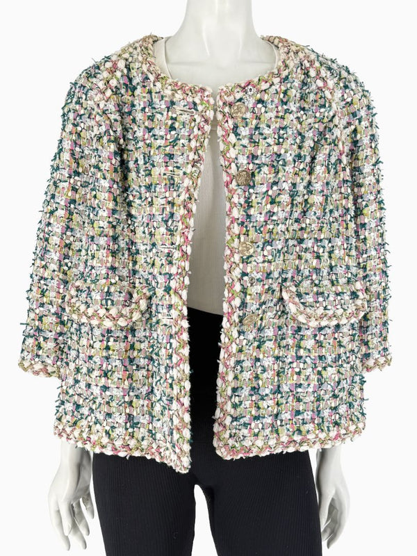 Chanel Fantasy Tweed Jacket Coat Size 50 Multicolor Silk Lined Owl Buttons