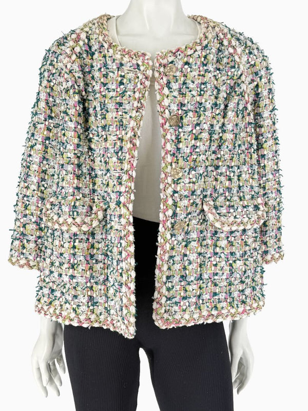 Chanel Fantasy Tweed Jacket Coat Size 50 Multicolor Silk Lined Owl Buttons
