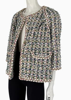Chanel Fantasy Tweed Jacket Coat Size 50 Multicolor Silk Lined Owl Buttons