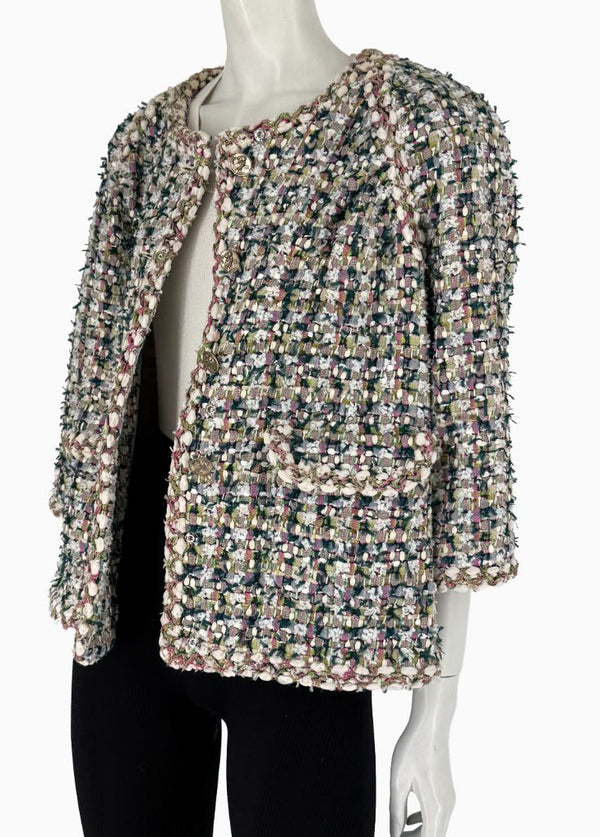 Chanel Fantasy Tweed Jacket Coat Size 50 Multicolor Silk Lined Owl Buttons