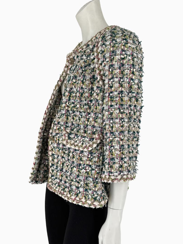 Chanel Fantasy Tweed Jacket Coat Size 50 Multicolor Silk Lined Owl Buttons