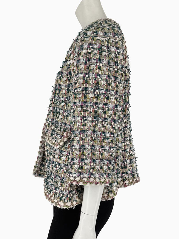 Chanel Fantasy Tweed Jacket Coat Size 50 Multicolor Silk Lined Owl Buttons