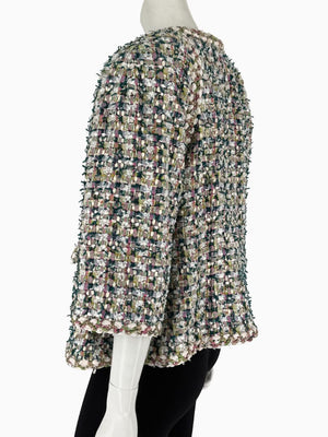 Chanel Fantasy Tweed Jacket Coat Size 50 Multicolor Silk Lined Owl Buttons