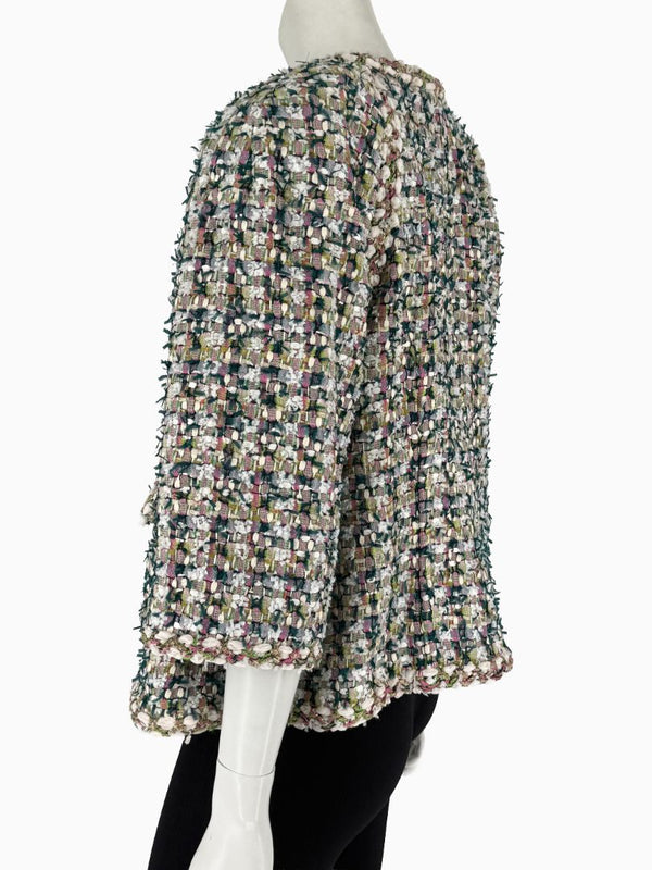 Chanel Fantasy Tweed Jacket Coat Size 50 Multicolor Silk Lined Owl Buttons