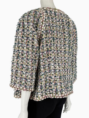 Chanel Fantasy Tweed Jacket Coat Size 50 Multicolor Silk Lined Owl Buttons