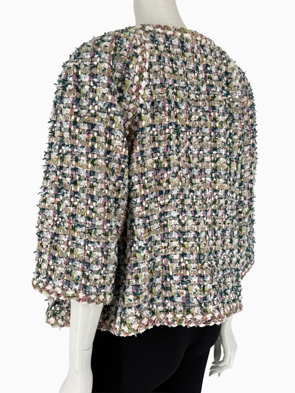 Chanel Fantasy Tweed Jacket Coat Size 50 Multicolor Silk Lined Owl Buttons
