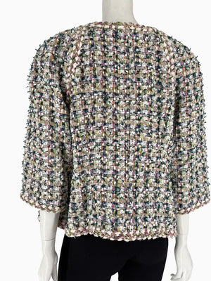 Chanel Fantasy Tweed Jacket Coat Size 50 Multicolor Silk Lined Owl Buttons