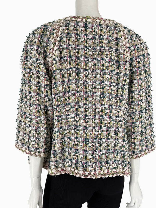 Chanel Fantasy Tweed Jacket Coat Size 50 Multicolor Silk Lined Owl Buttons