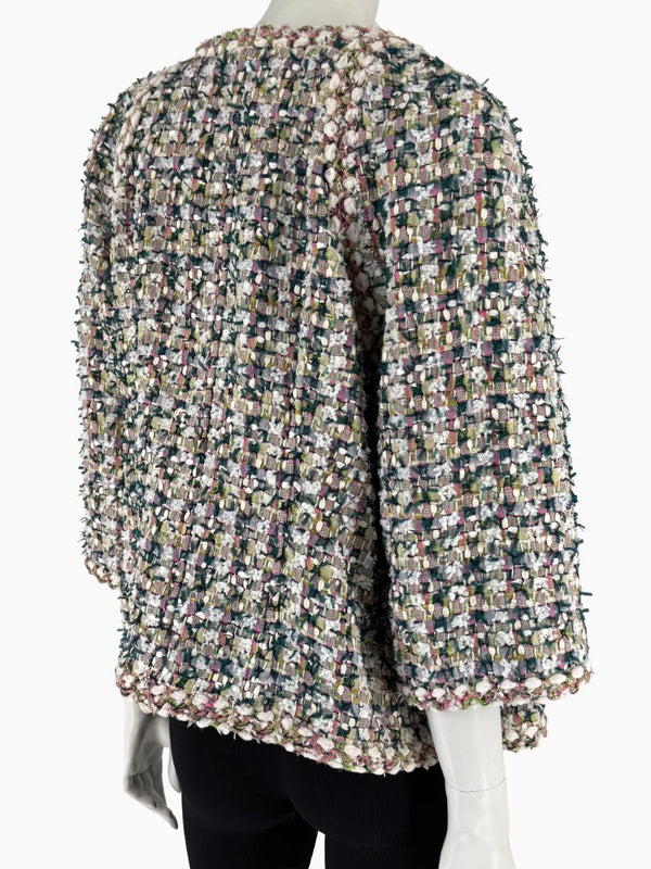Chanel Fantasy Tweed Jacket Coat Size 50 Multicolor Silk Lined Owl Buttons