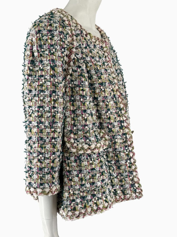 Chanel Fantasy Tweed Jacket Coat Size 50 Multicolor Silk Lined Owl Buttons