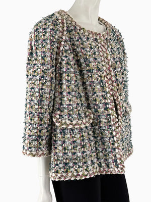 Chanel Fantasy Tweed Jacket Coat Size 50 Multicolor Silk Lined Owl Buttons