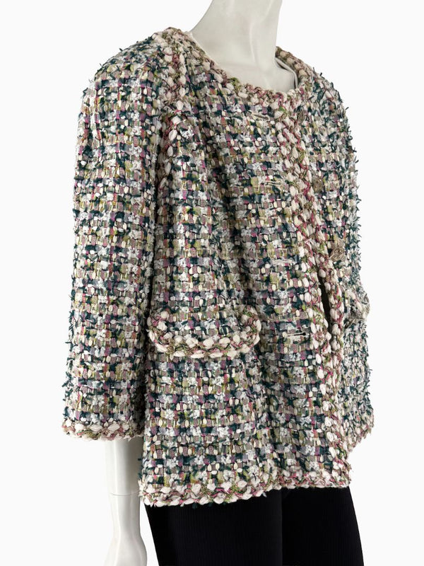 Chanel Fantasy Tweed Jacket Coat Size 50 Multicolor Silk Lined Owl Buttons