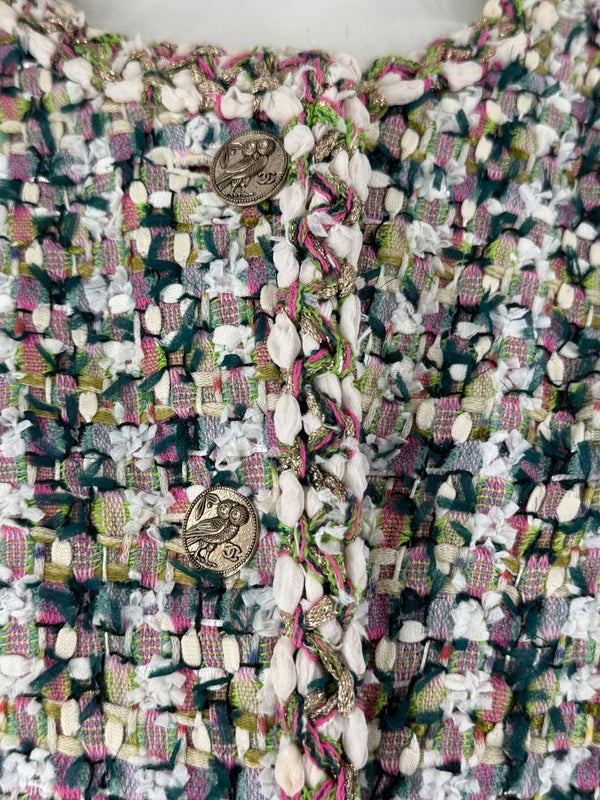 Chanel Fantasy Tweed Jacket Coat Size 50 Multicolor Silk Lined Owl Buttons